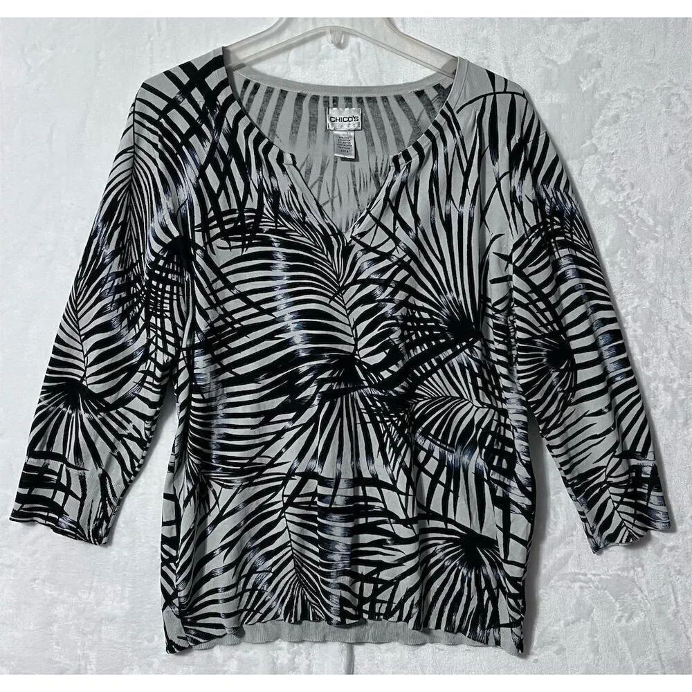 Chico's Women's Black Floral V-Neck 3/4 Sleeve Tee Size L 16